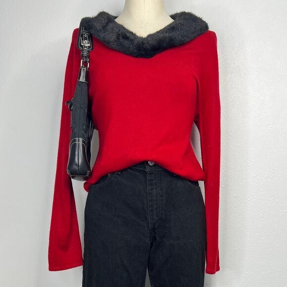 Vintage Red Sweater Faux Fur Collar Holiday Christmas Party Large - Picture 1 of 5